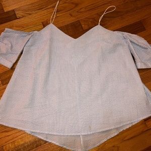 Light blue flow off the shoulder shirt
